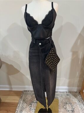 Reformation Nila Long Denim Skirt – washed black asymmetrical midi skirt